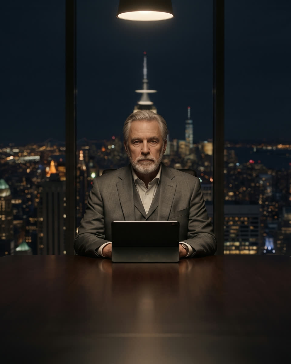 The Chairman seated alone at a boardroom table before a night skyline