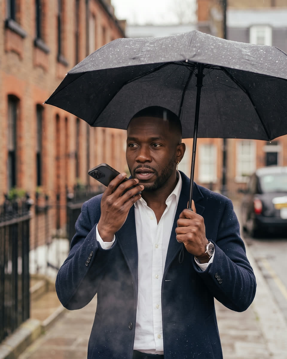 Daniel speaking into his phone under an umbrella on a rainy brick street