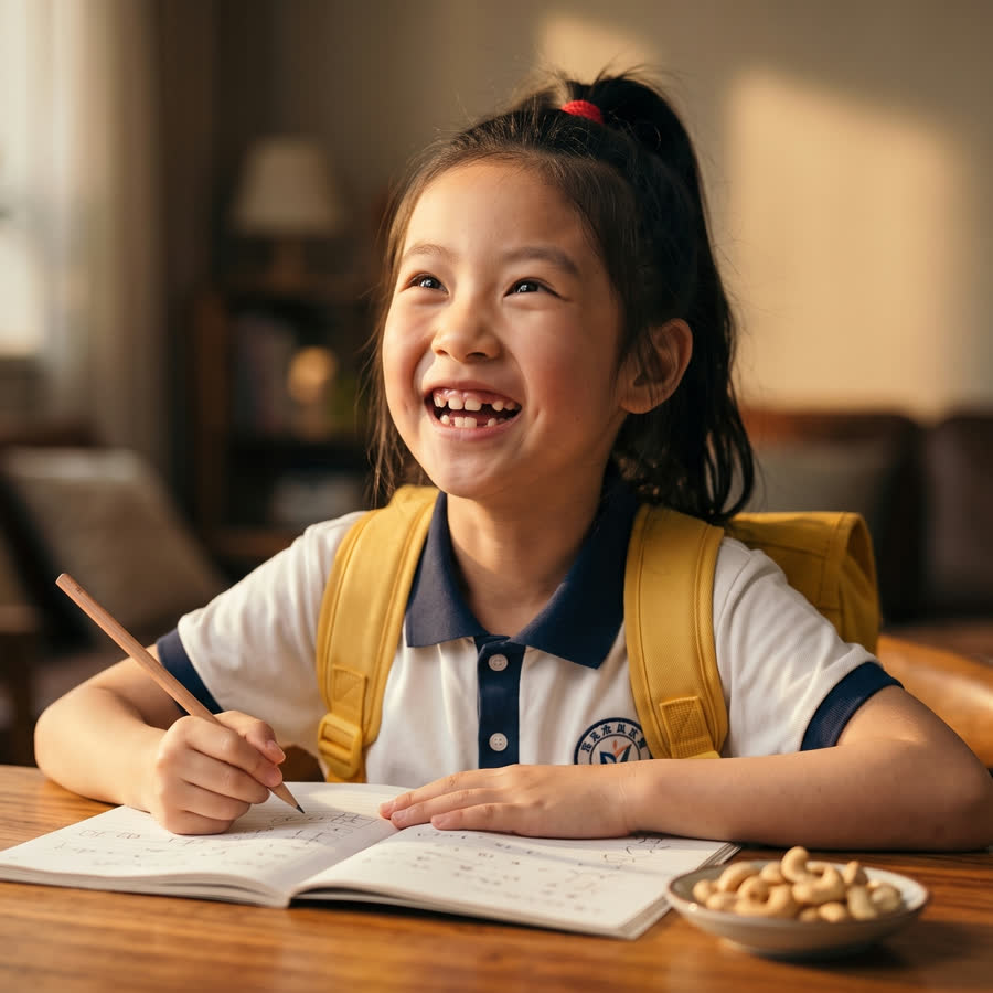 Lin laughing over her homework at a sunlit wooden table