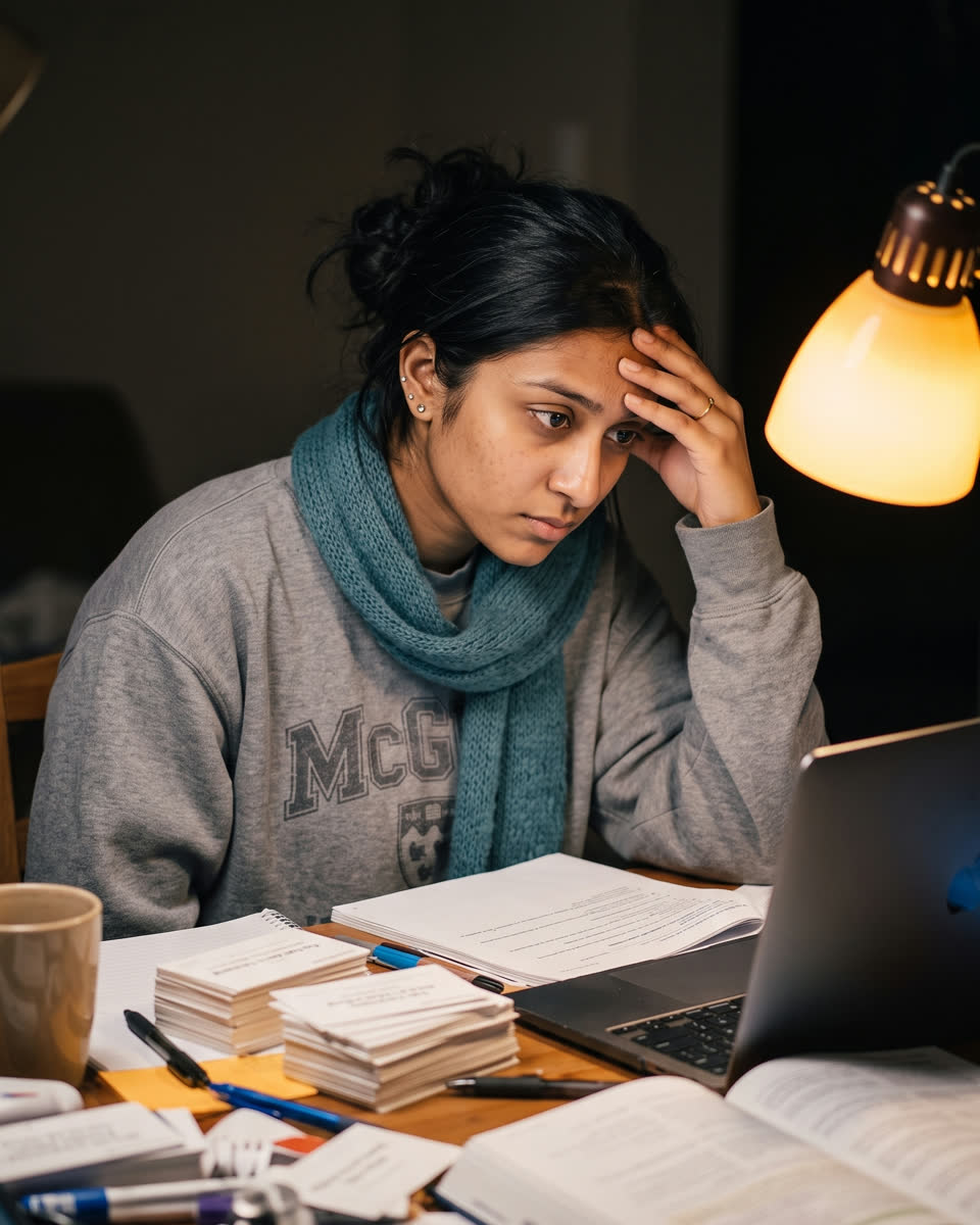 Maya, a medical student, studying late under a warm desk lamp at a cluttered desk