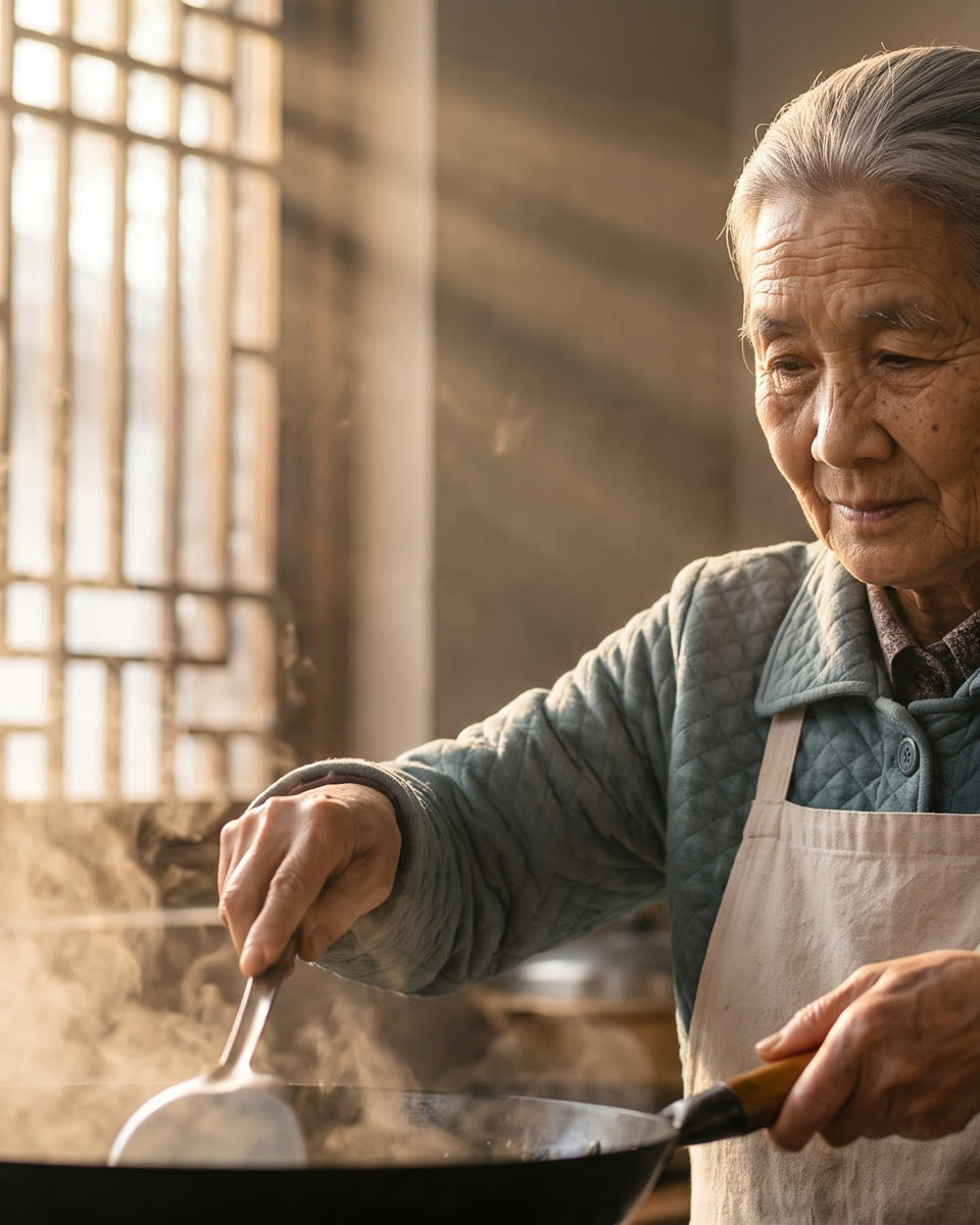 Mei cooking at a steaming wok in golden window light, family photos on the wall