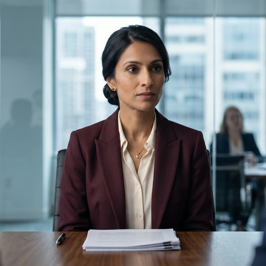 Priya seated composed at a conference table, papers in front of her