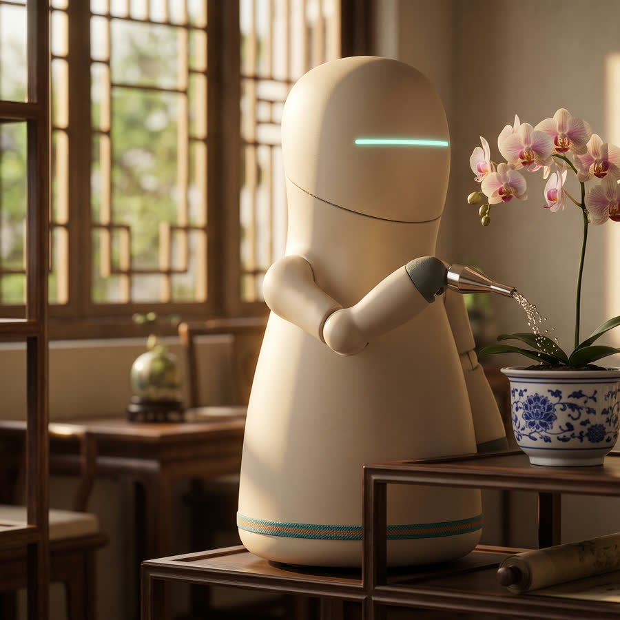 A small household robot gently watering an orchid in a sunlit room