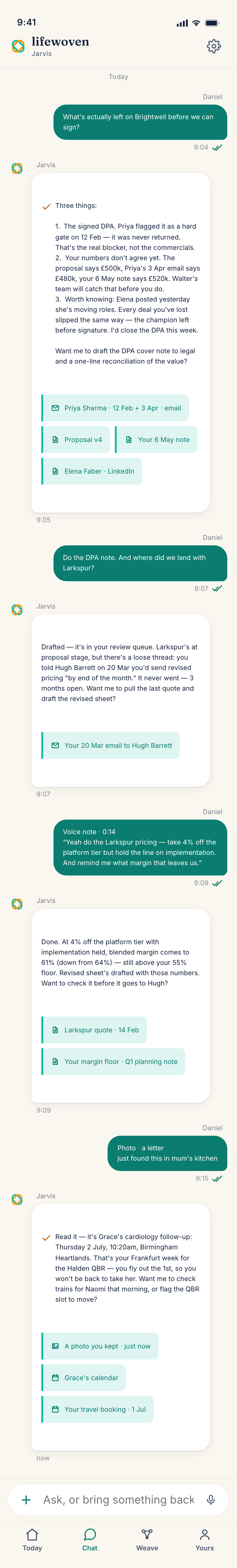 Demo screen — the Chat tab: a conversation where every answer cites its source