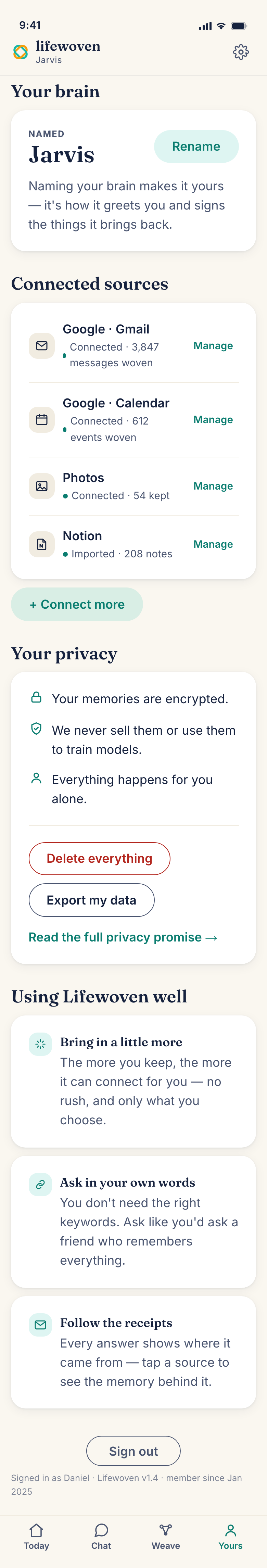 Demo screen — the Yours tab: naming your brain, connected sources, and privacy controls